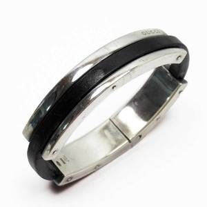 Gucci Bracelet Bangle Leather Silver Black